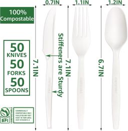 7In 200Pcs 100% Compostable Forks and Spoons Utensils Cutlery Silverware Heavyduty Eco-friendly Disposable Plastic free Forks and Spoons Utensils