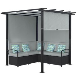 Wicker Patio Furniture, Outdoor PE Rattan Sofa Set with Retractable Canopy Pergola, Shade Shelter for Deck, Pool, Garden, Terrace, Grey